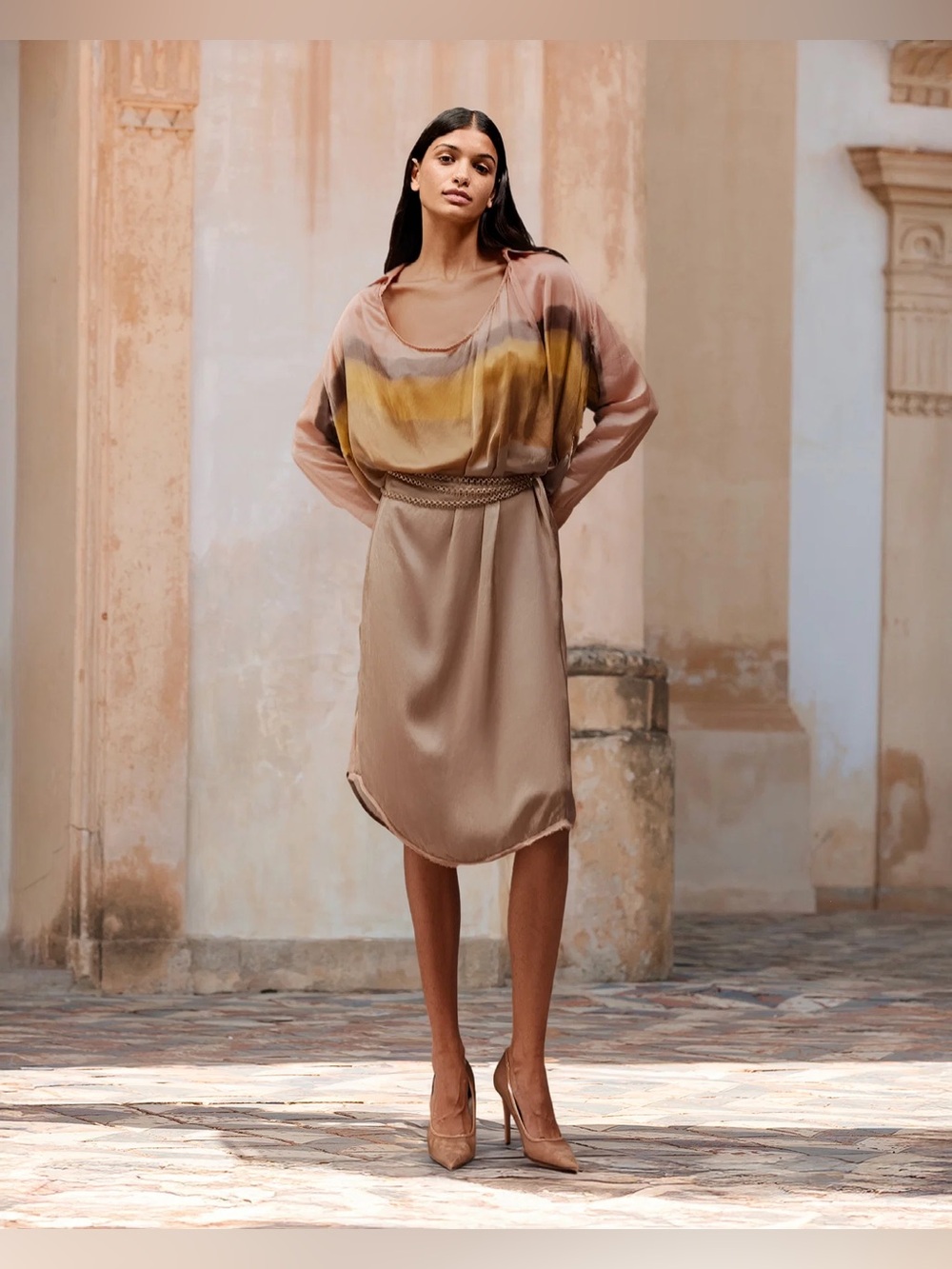 Mes Demoiselles - Maruli Straight Tie-Dye Pink/Yellow/Beige Gradient Midi Dress